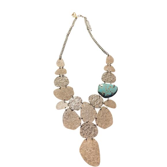 Silver Tone Hammered Statement Necklace & Earrings Set w/ Turquoise Accent - Picture 3 of 4